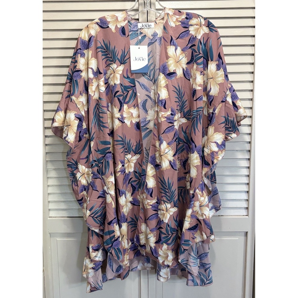 Jovie Floral Tropical NWT One Size Flowy Wide Short Sleeve Ruffle Mauve/Yellow